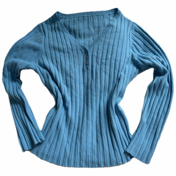 Blue V-Neck Ribbed Stripe Button Sweater - Picture 1 of 7